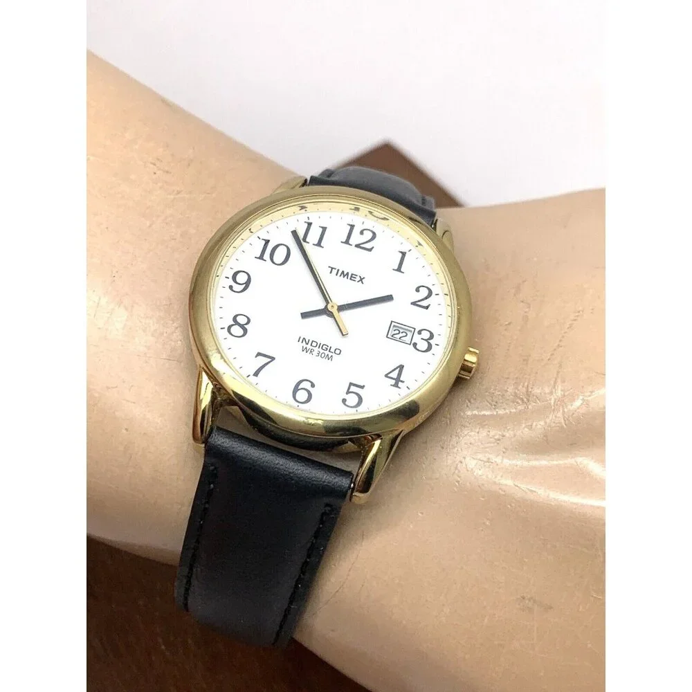 Timex Men's Watch T2H291 Quartz Indiglo Gold White Dial Black Leather Band 35mm